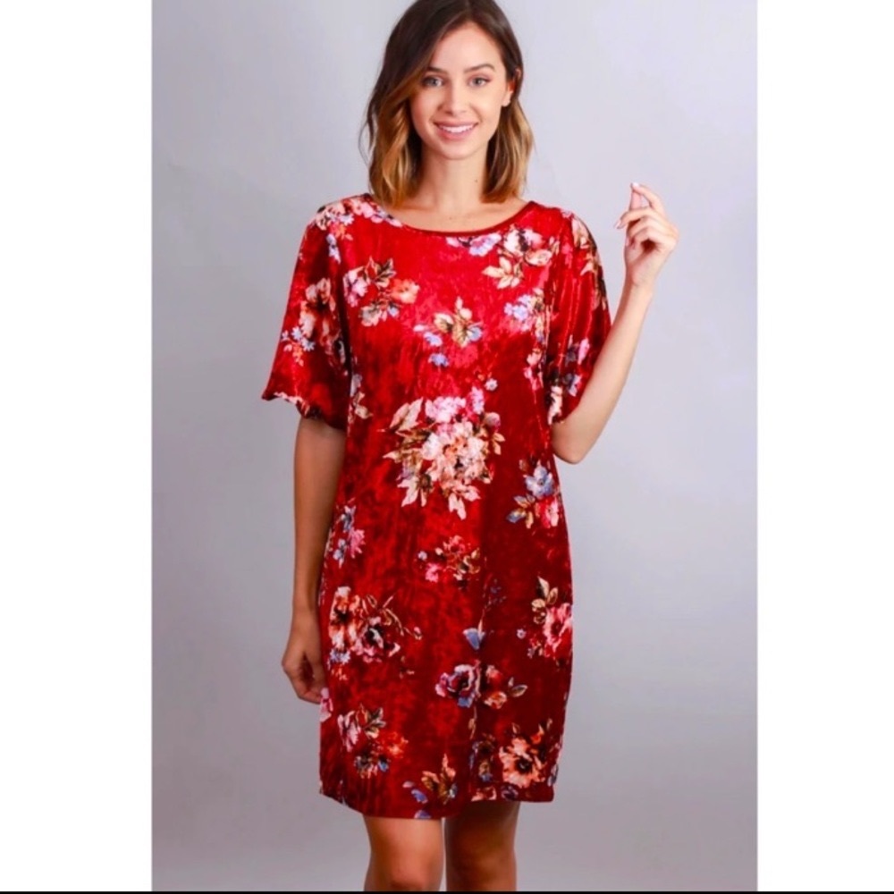 VELVET FLORAL RED DRESS